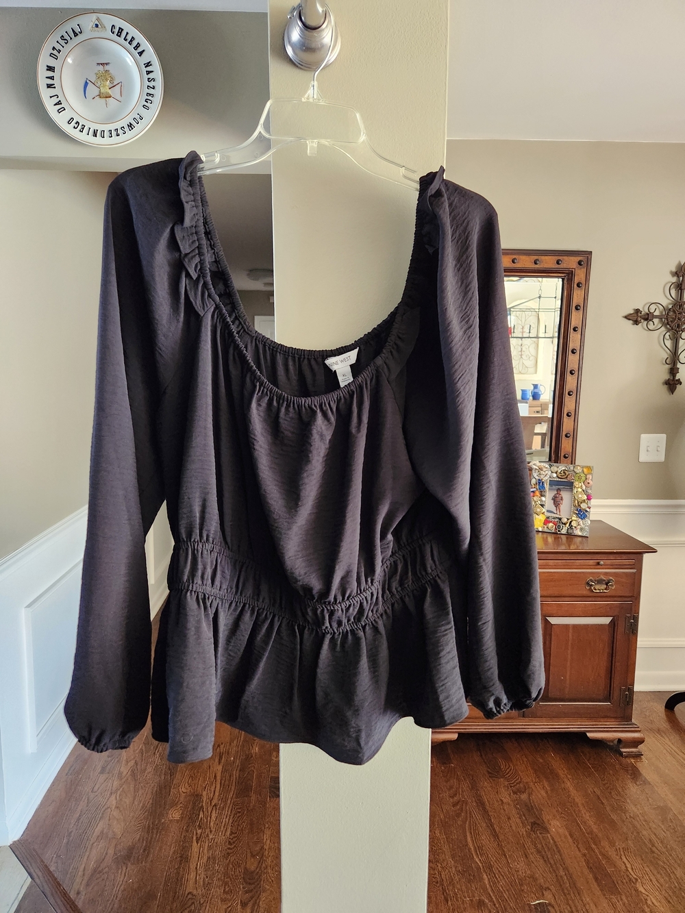 Nine West Womens Black Peplum Long-Sleeve Top Size XL